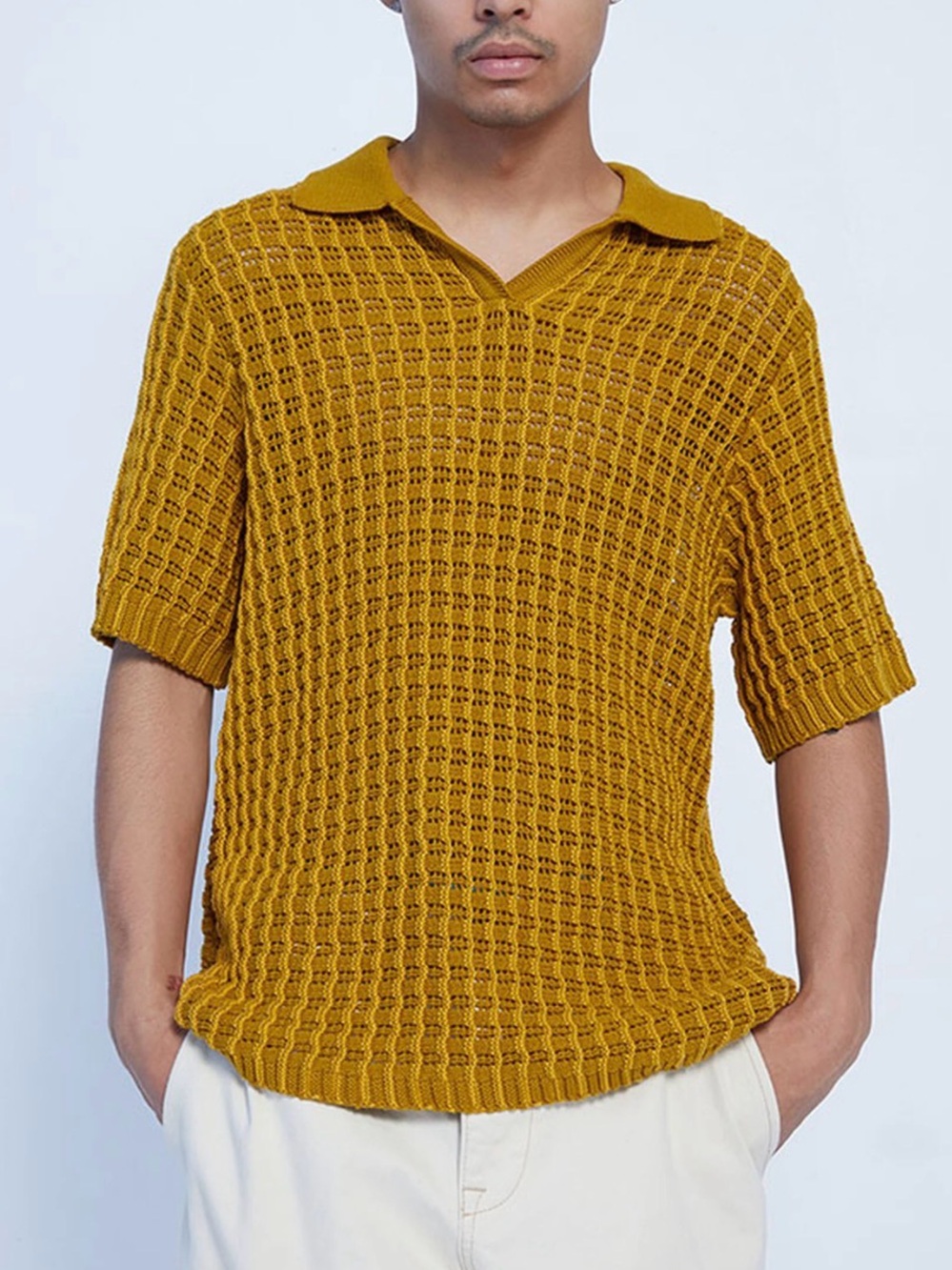 PacSun Mustard Open Knit Cotton Polo Sweater Medium
